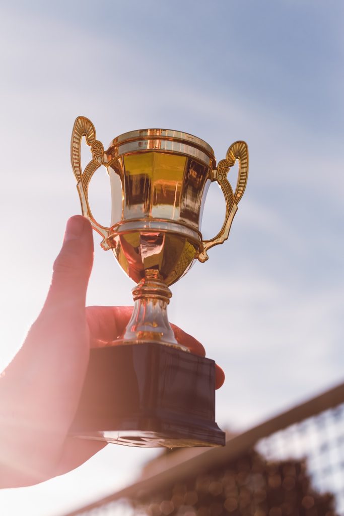 Image of a small trophy being held up high.