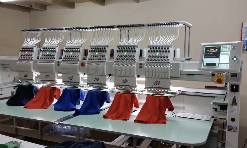 Tajima embroidery machine at work.